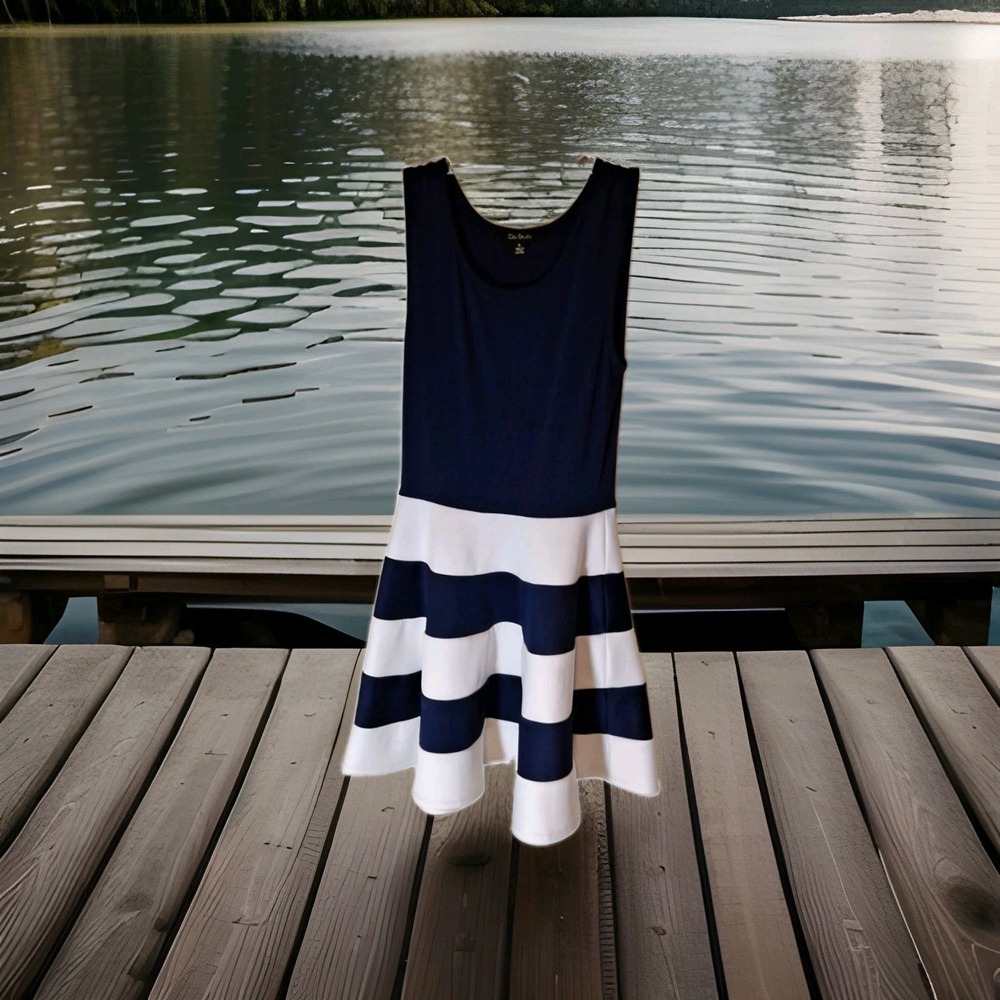 Knit Sleevless Black & White Stripe Short Dress City Studio SzS A Line Skirt 145 - Picture 1 of 2